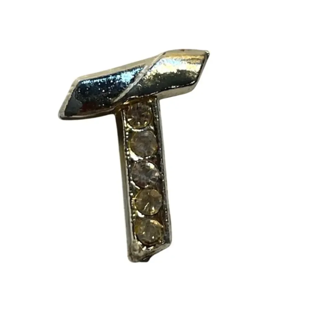 Vintage‎ Silver Rhinestone T Shaped Brooch Art Deco Antique Letter Pin
